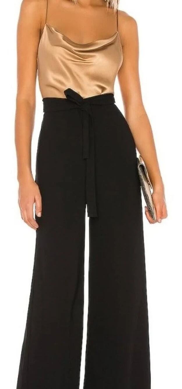 Amanda Uprichard Ariya Black Crepe Wide Leg Trousers with Tie Waist Size Small